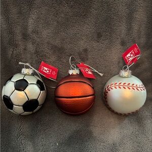 NWT Set of 3 Sports Ball Glass Ornaments - baseball, basketball, soccer